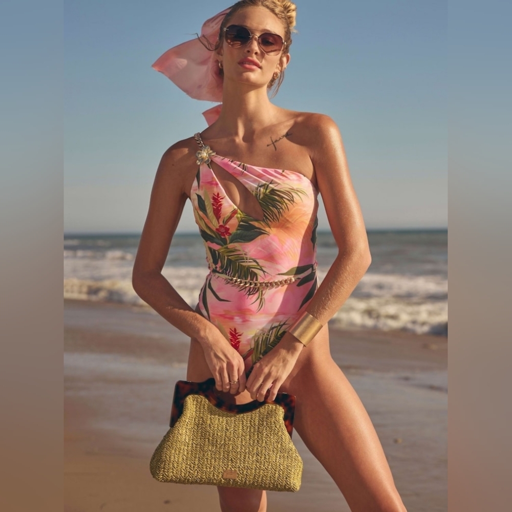 River Island Tropical Pink Printed One Shoulder Swimsuit One Piece